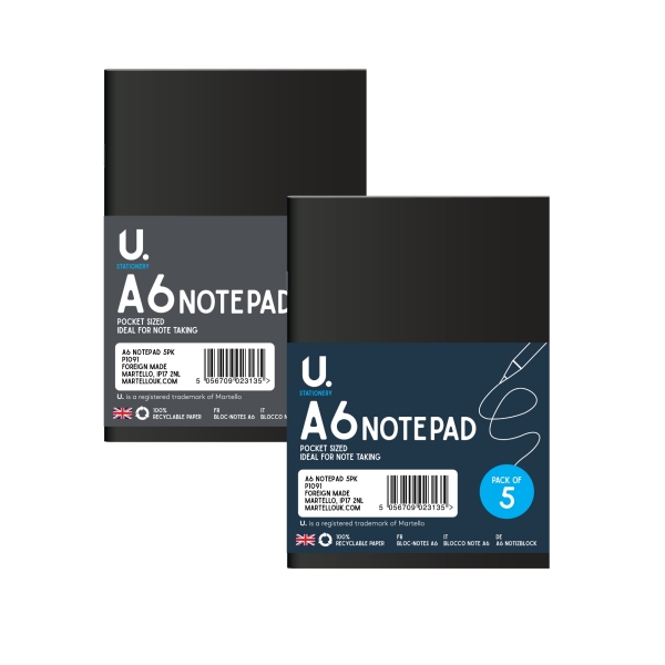 Distributors of Popular Paper Supplies - A6 Notepad 5pk Asst 1 - Martello