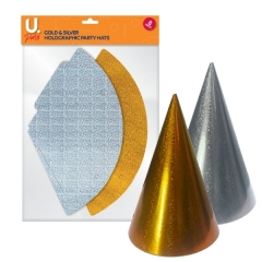 Holographic Party Hats Gold & Silver, 8pk Holographic Party Hats Gold & Silver, 8pk