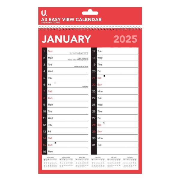 Red & Black A3 Easy View Calendar